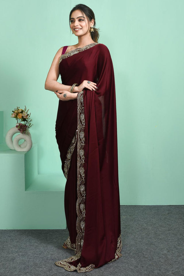 Maroon Sequin & Beads Embossed Satin Saree (RDTMMZ6C3821)