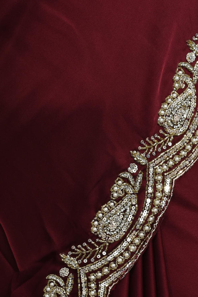 Maroon Sequin & Beads Embossed Satin Saree (RDTMMZ6C3821)