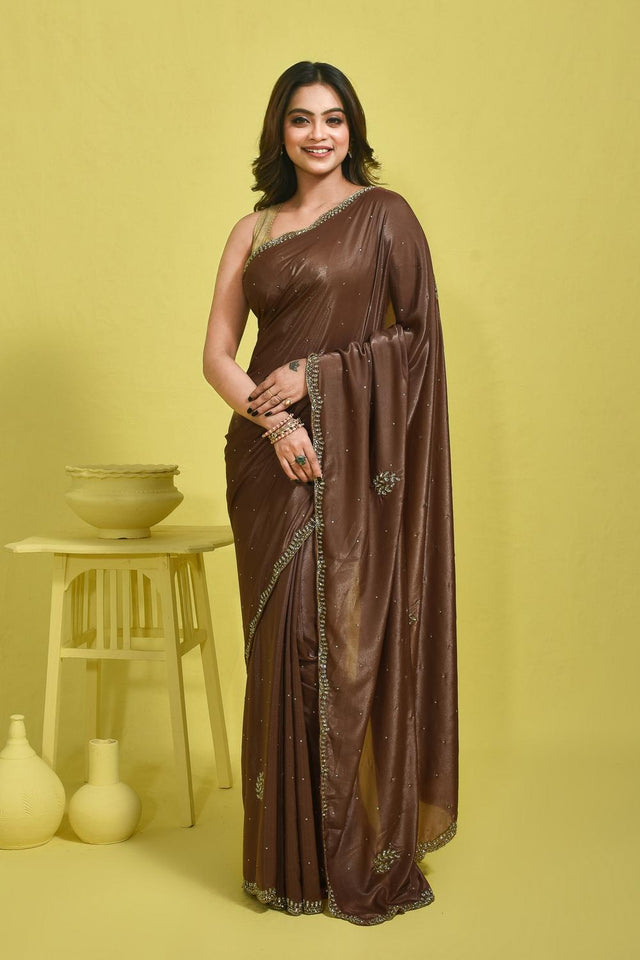 Brown Beads & Stone Embossed Satin Saree (RDTNNQ6C3773)