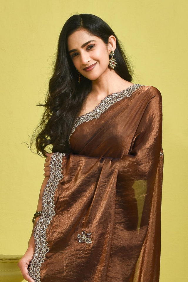 Brown Sequin with Embroidered Satin Saree (RDTNNV6B3720)