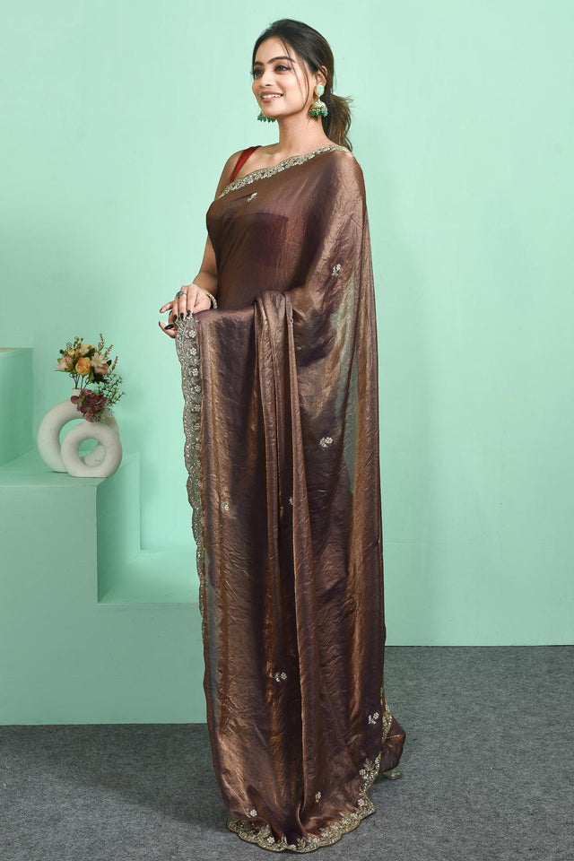 Brown Beads Embossed Satin Saree (RDTNNV6C3828)