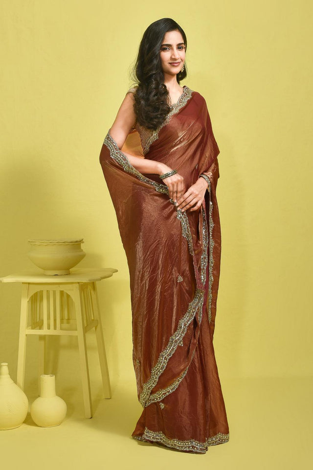 Brown Embroidered Satin Saree (RDTNNY6B3711)