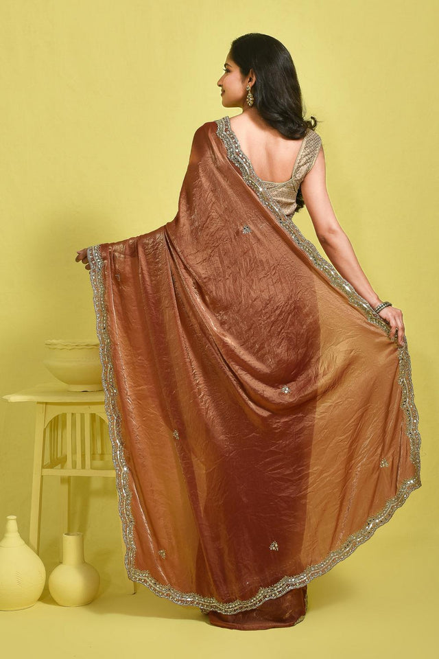 Brown Embroidered Satin Saree (RDTNNY6B3711)