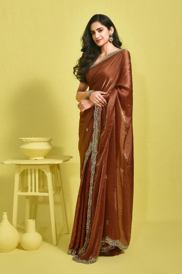 Brown Embroidered Satin Saree (RDTNNY6B3711)