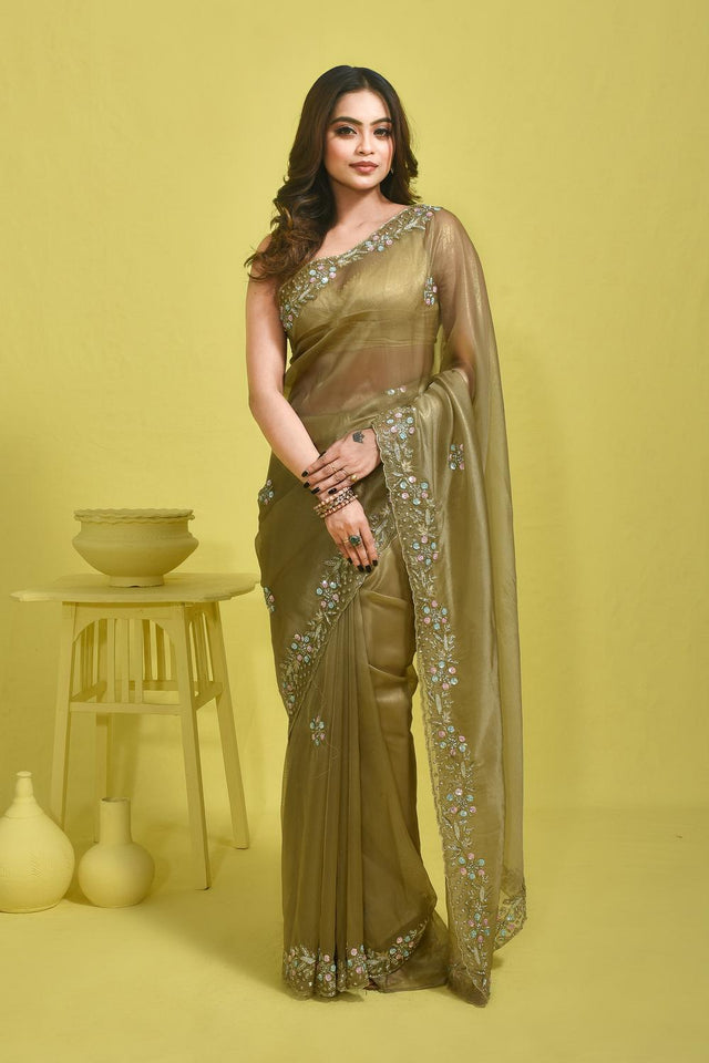 Brown Beads & Stone Embossed Satin Saree (RDTNNZ6C3761)