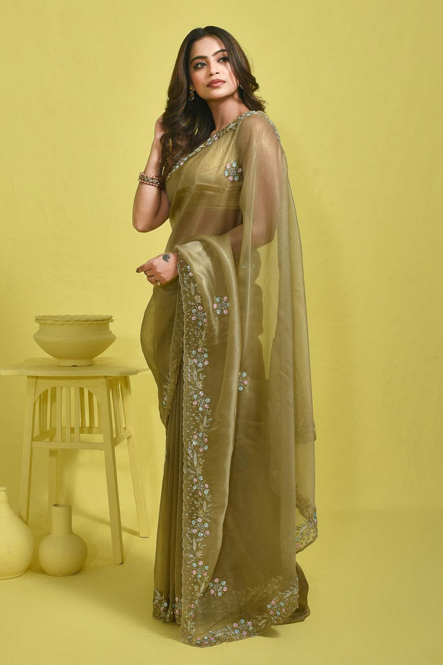 Brown Beads & Stone Embossed Satin Saree (RDTNNZ6C3761)