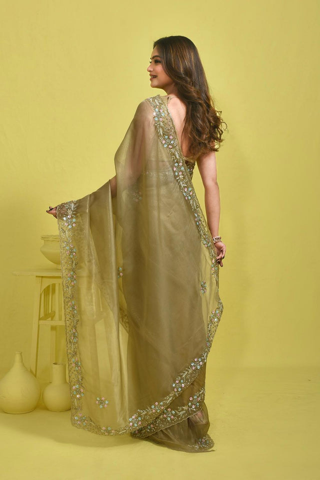 Brown Beads & Stone Embossed Satin Saree (RDTNNZ6C3761)