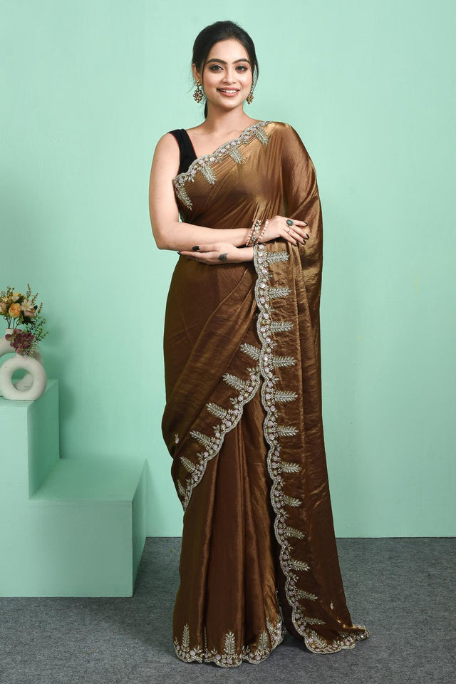 Brown Beads & Stone Embossed Satin Saree (RDTNNZ6C3801)