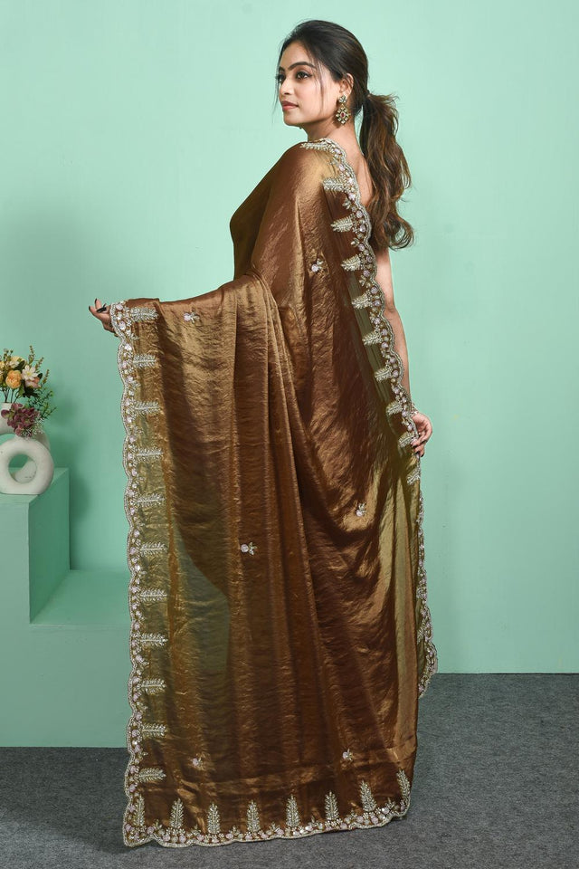 Brown Beads & Stone Embossed Satin Saree (RDTNNZ6C3801)