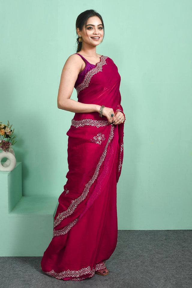 Pink Sequin & Beads Embossed Satin Saree (RDTPPV6C3813)