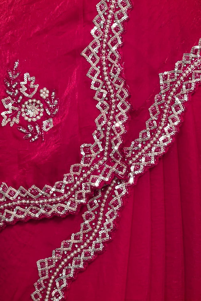 Pink Sequin & Beads Embossed Satin Saree (RDTPPV6C3813)