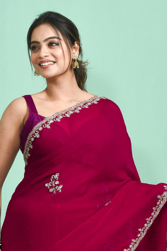 Pink Sequin & Stone Embossed Satin Saree (RDTPPV6C3818)