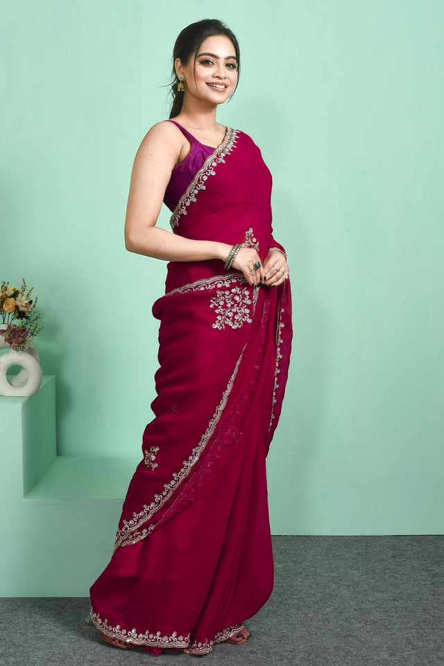 Pink Sequin & Stone Embossed Satin Saree (RDTPPV6C3818)