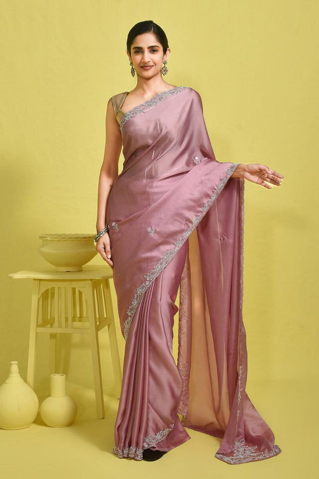 Pink Beads & Stone Embossed Satin Saree (RDTPPZ6B3736)