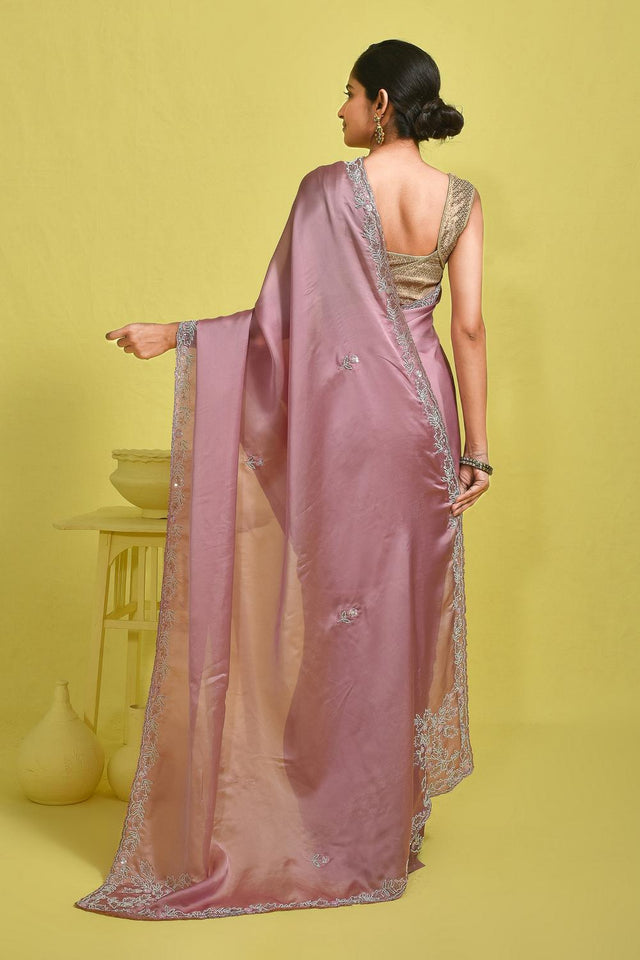 Pink Beads & Stone Embossed Satin Saree (RDTPPZ6B3736)