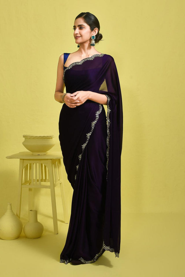 Violet Embroidered Satin Saree (RDTQQP6B3740)