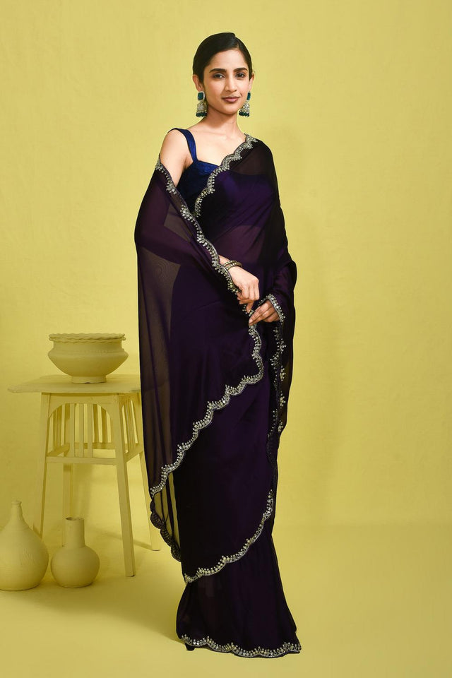 Violet Embroidered Satin Saree (RDTQQP6B3740)