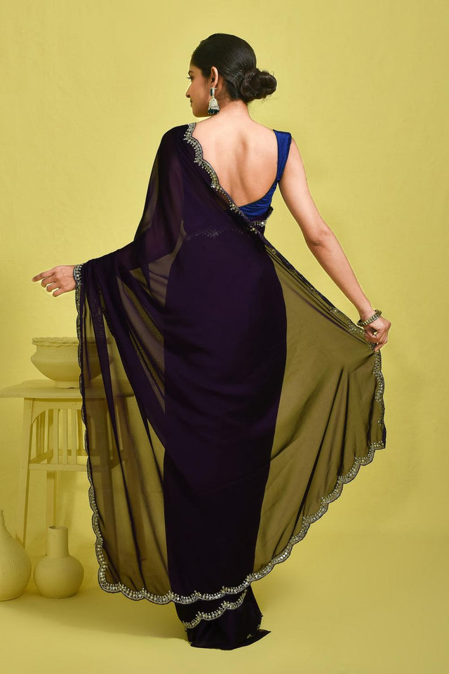 Violet Embroidered Satin Saree (RDTQQP6B3740)