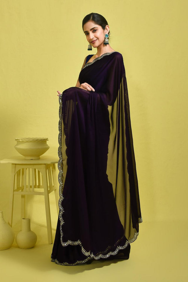 Violet Embroidered Satin Saree (RDTQQP6B3740)