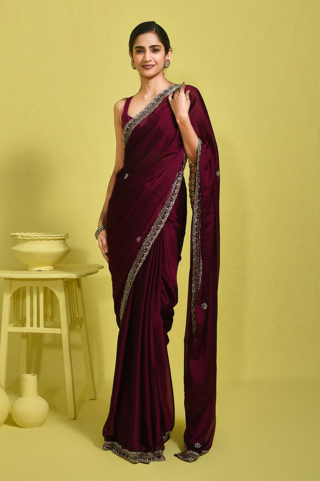 Violet Beads & Stone Embossed Satin Saree (RDTQQQ6B3745)