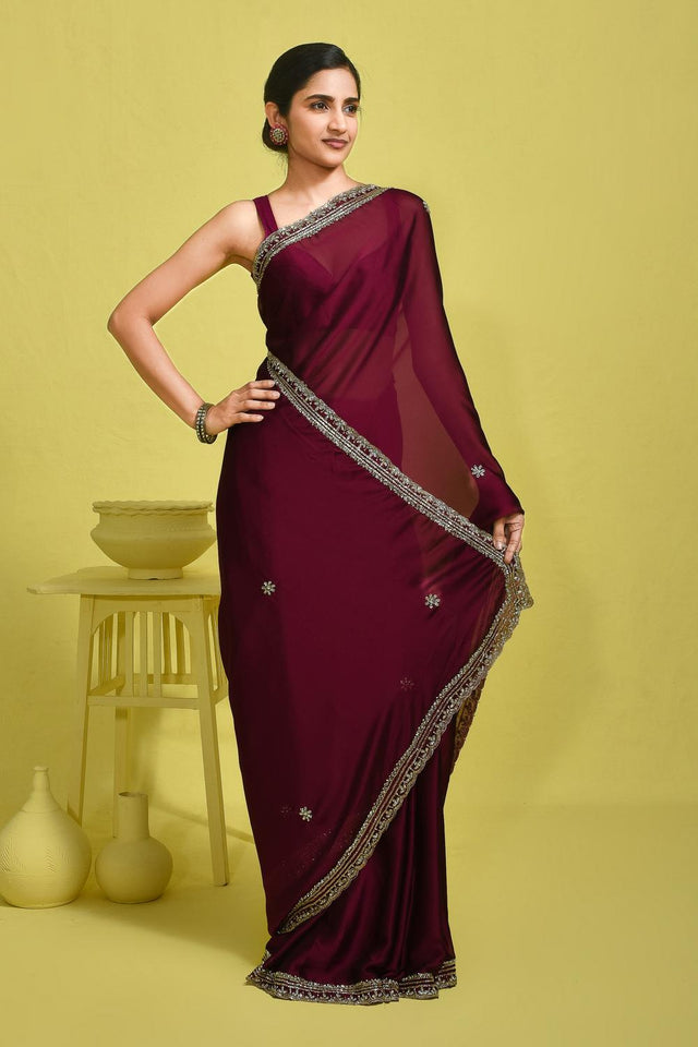 Violet Beads & Stone Embossed Satin Saree (RDTQQQ6B3745)