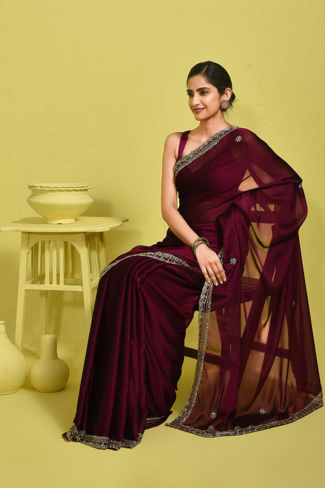 Violet Beads & Stone Embossed Satin Saree (RDTQQQ6B3745)