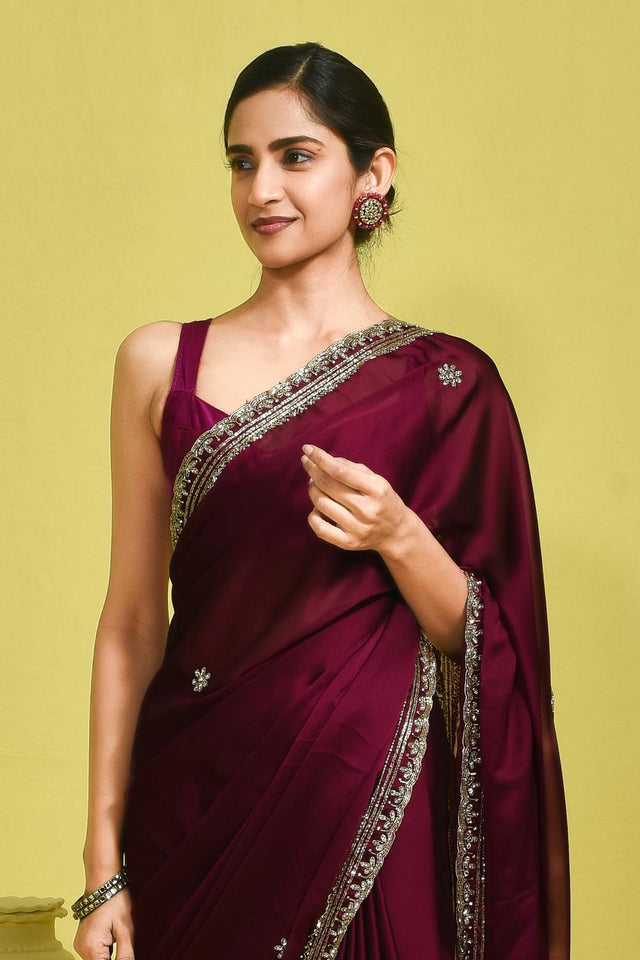 Violet Beads & Stone Embossed Satin Saree (RDTQQQ6B3745)
