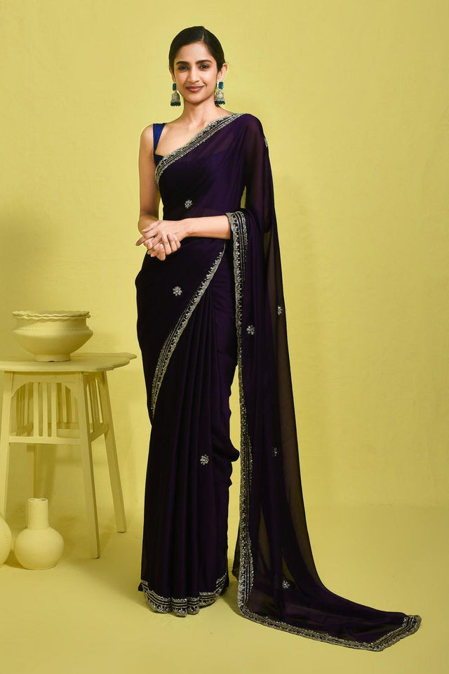 Violet Stone Embossed Satin Saree (RDTQQQ6B3755)