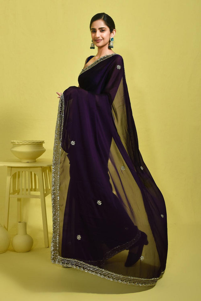 Violet Stone Embossed Satin Saree (RDTQQQ6B3755)