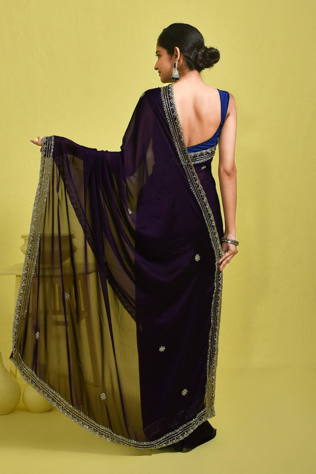 Violet Stone Embossed Satin Saree (RDTQQQ6B3755)
