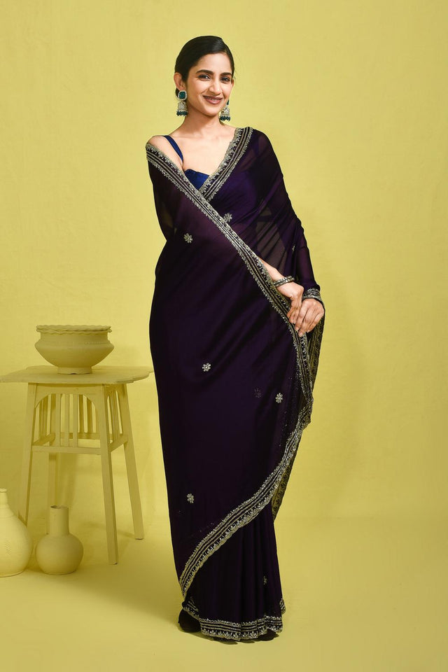 Violet Stone Embossed Satin Saree (RDTQQQ6B3755)