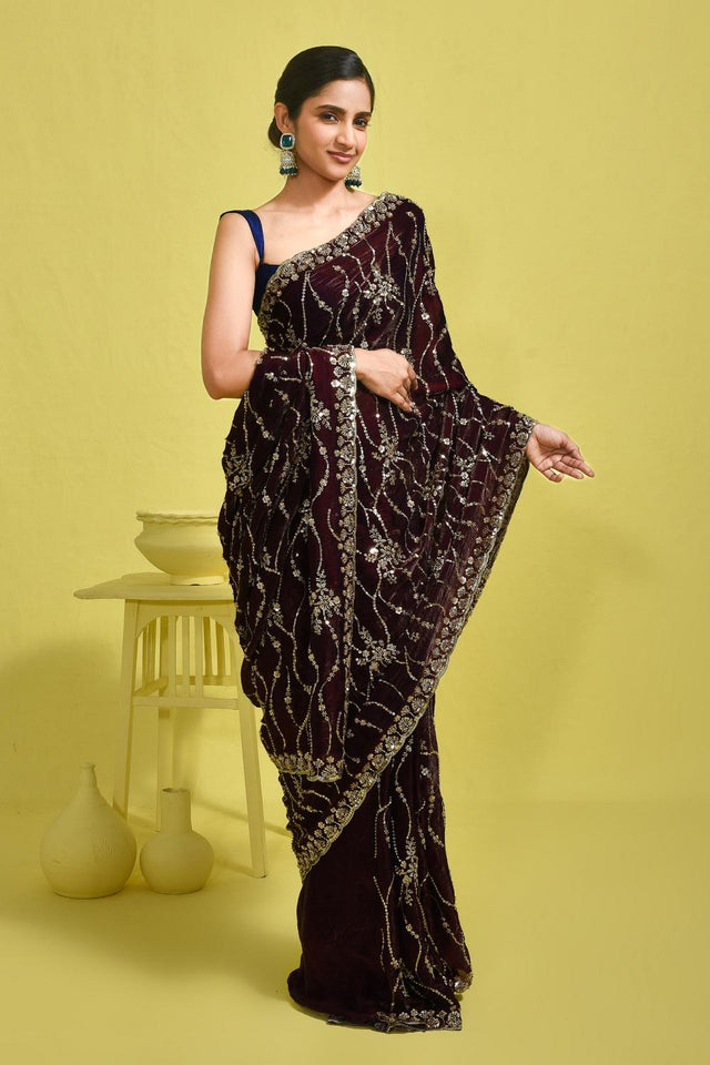 Violet Floral Embroidered Satin Saree (RDTQQZ6B3715)