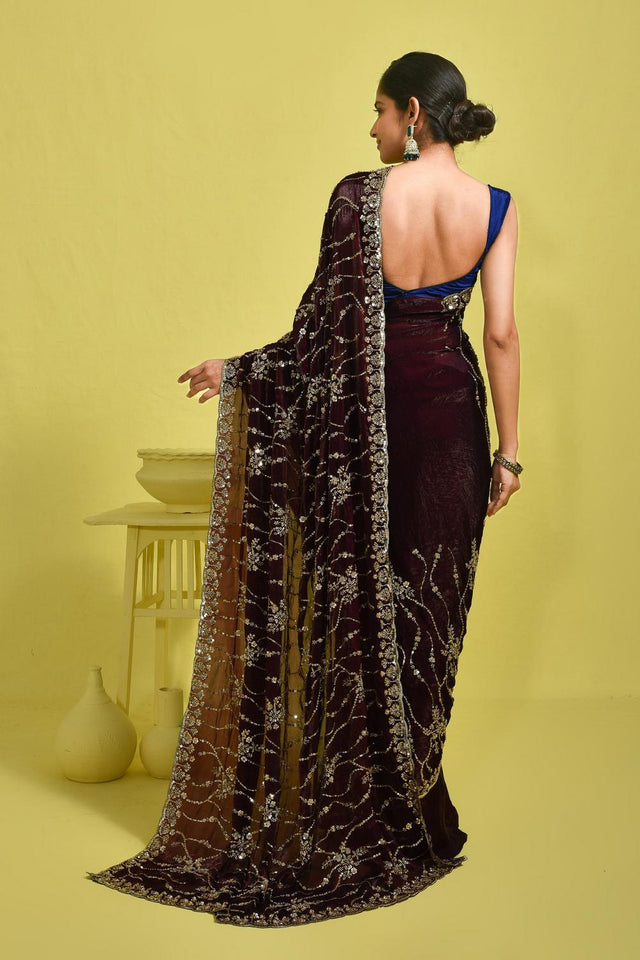 Violet Floral Embroidered Satin Saree (RDTQQZ6B3715)