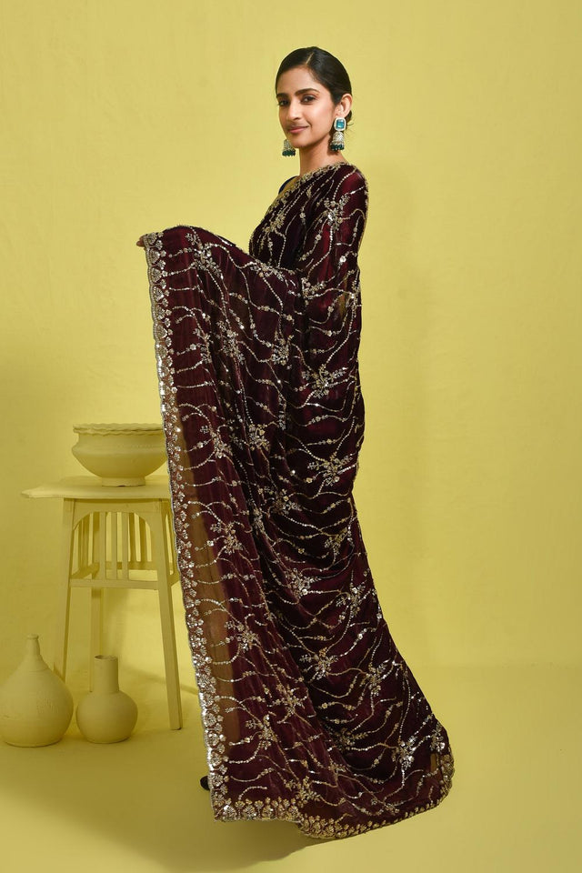 Violet Floral Embroidered Satin Saree (RDTQQZ6B3715)
