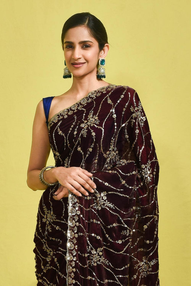 Violet Floral Embroidered Satin Saree (RDTQQZ6B3715)