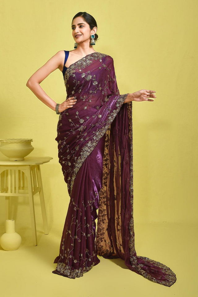 Violet Sequin with Embroidered Satin Saree (RDTQQZ6B3757)