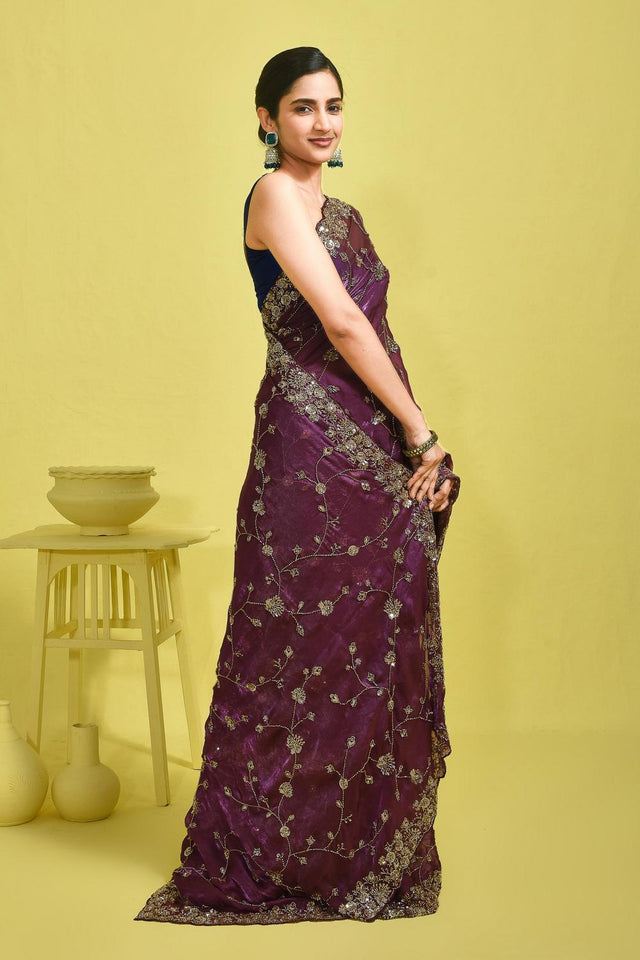 Violet Sequin with Embroidered Satin Saree (RDTQQZ6B3757)