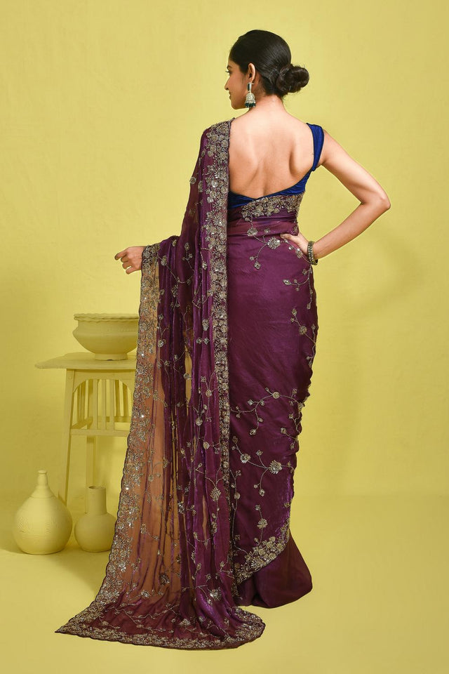 Violet Sequin with Embroidered Satin Saree (RDTQQZ6B3757)