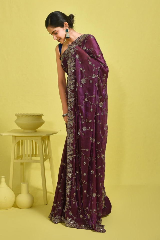 Violet Sequin with Embroidered Satin Saree (RDTQQZ6B3757)