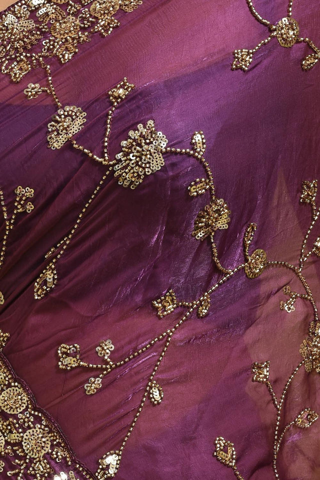 Violet Sequin with Embroidered Satin Saree (RDTQQZ6B3757)