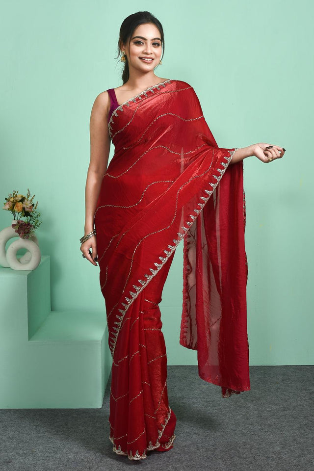 Red Beads & Stone Embossed Satin Saree (RDTRRO6C3814)