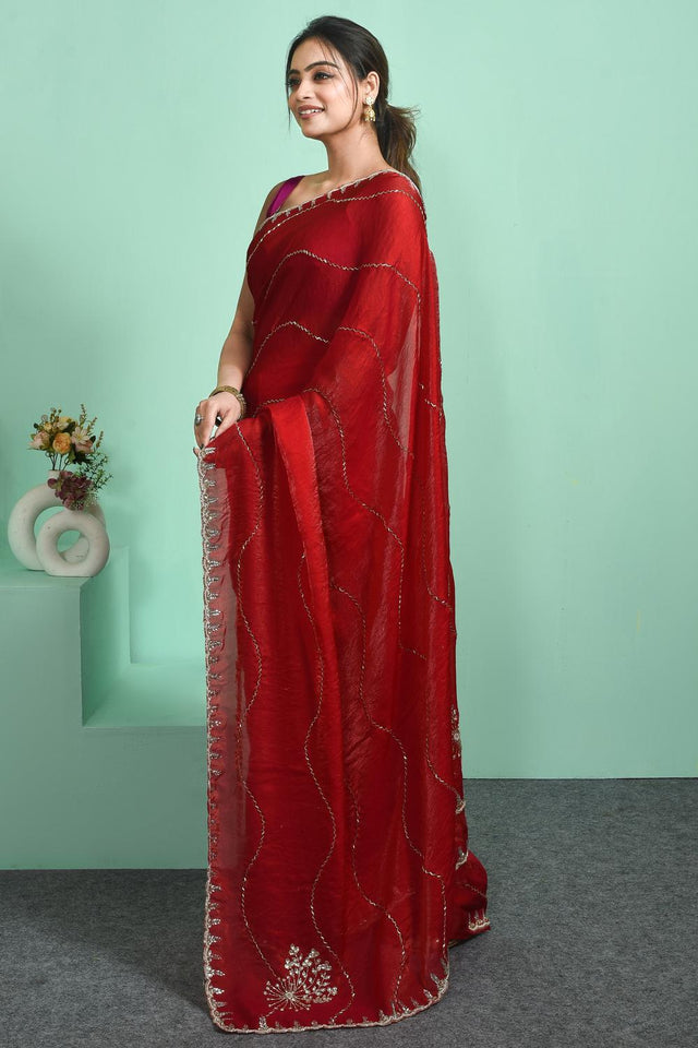 Red Beads & Stone Embossed Satin Saree (RDTRRO6C3814)
