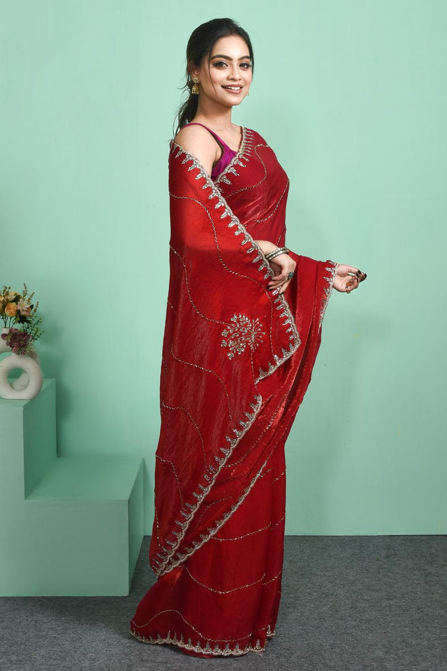Red Beads & Stone Embossed Satin Saree (RDTRRO6C3814)