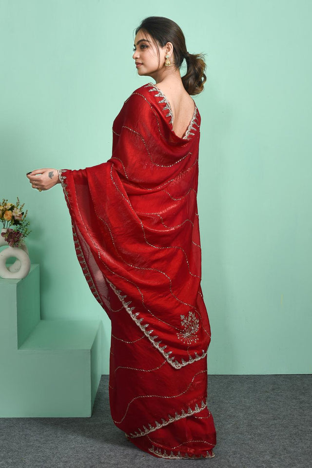 Red Beads & Stone Embossed Satin Saree (RDTRRO6C3814)