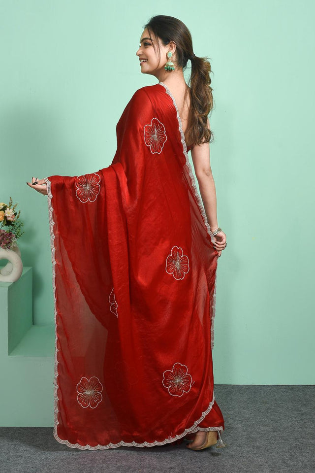 Red Beads Embossed Satin Saree (RDTRRP6C3831)