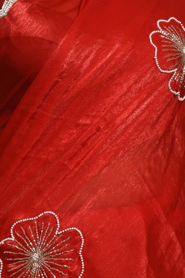 Red Beads Embossed Satin Saree (RDTRRP6C3831)