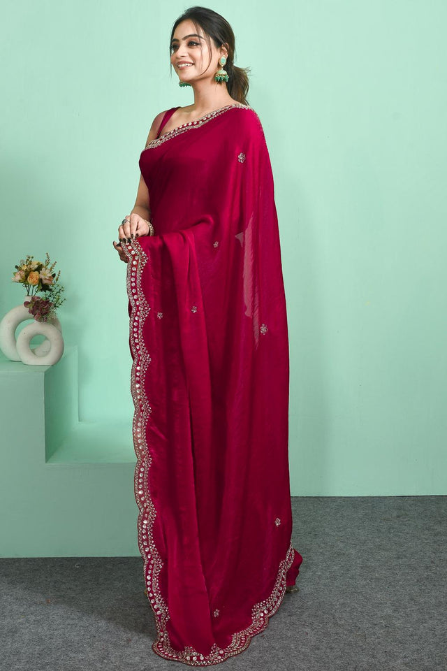 Red Sequin & Beads Embossed Satin Saree (RDTRRT6C3826)