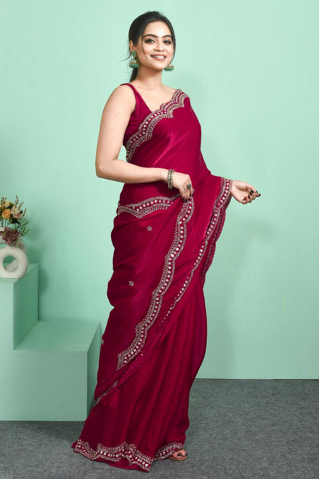 Red Sequin & Beads Embossed Satin Saree (RDTRRT6C3826)
