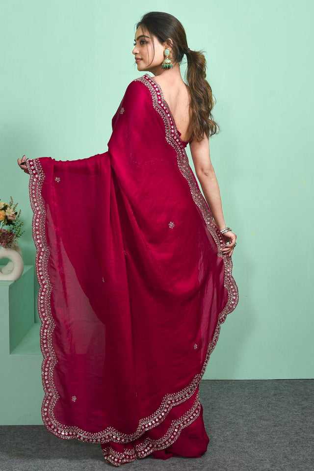 Red Sequin & Beads Embossed Satin Saree (RDTRRT6C3826)