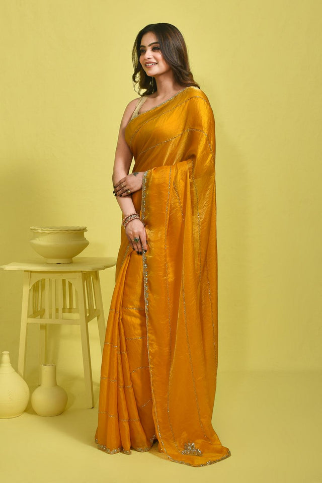 Yellow Beads & Stone Embossed Satin Saree (RDTYYN6C3785)